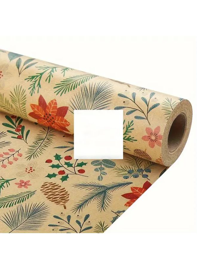 Rustic Christmas Gift Wrapping Paper Kraft Brown Floral Leaf Tree Reindeer Design 16.93x393.7 Inch - Image 1