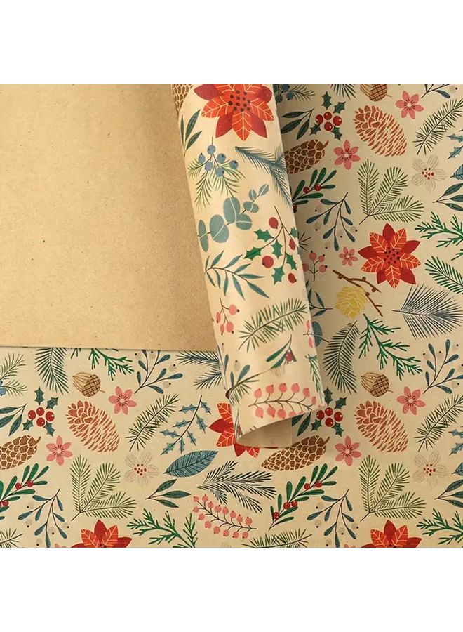 Rustic Christmas Gift Wrapping Paper Kraft Brown Floral Leaf Tree Reindeer Design 16.93x393.7 Inch - Image 3