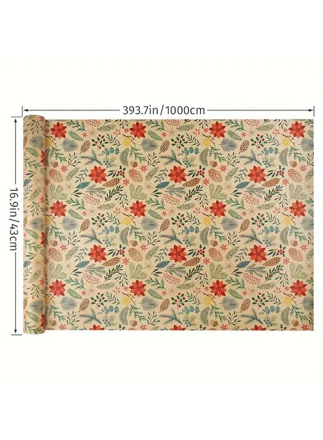 Rustic Christmas Gift Wrapping Paper Kraft Brown Floral Leaf Tree Reindeer Design 16.93x393.7 Inch - Image 5