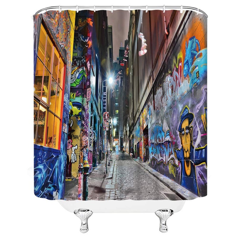 BST Colorful Graffiti Street Shower Curtain Modern Abstract Graffiti Hiphop Vintage Street View Bathroom Curtain - Image 2