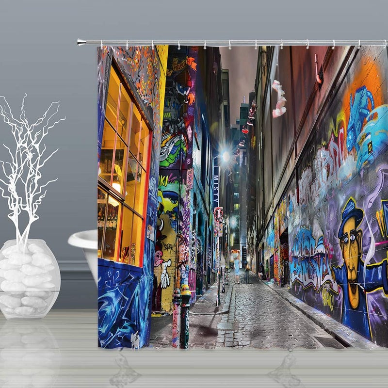 BST Colorful Graffiti Street Shower Curtain Modern Abstract Graffiti Hiphop Vintage Street View Bathroom Curtain - Image 1