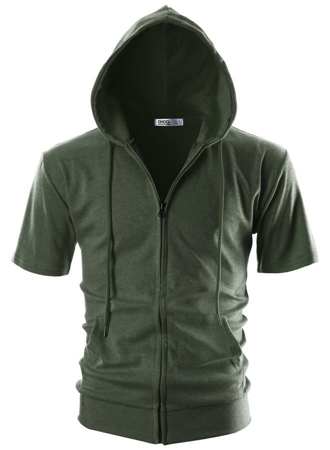 OHOO Mens Slim Fit Short Sleeve Lightweight Zip-up Hoodie With Kanga Pocket, Dcf056-khaki, S - Image 2