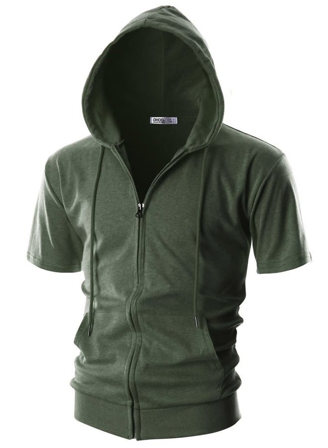 OHOO Mens Slim Fit Short Sleeve Lightweight Zip-up Hoodie With Kanga Pocket, Dcf056-khaki, S - Image 1