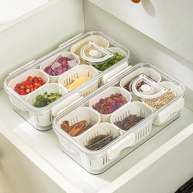 MineSign 2Pack Divided Food Serving Tray with Lids Stackable Snackle Box for Candy Nuts Spice Fruit&Veggie Container with 6 Small Dividers Plastic Storage Bins for Fridge Pantry Freezer - Image 2