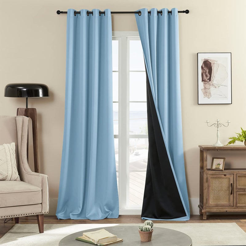 Rutterllow 100% Blackout Curtains   96 inches 2 Panel Sets  Heat and Full Light Blocking Drapes with Grommets for Bedroom  Thermal Insulated Window Treatment Drapes for Living Room (Haze Blue  52Wx96L) - Image 1