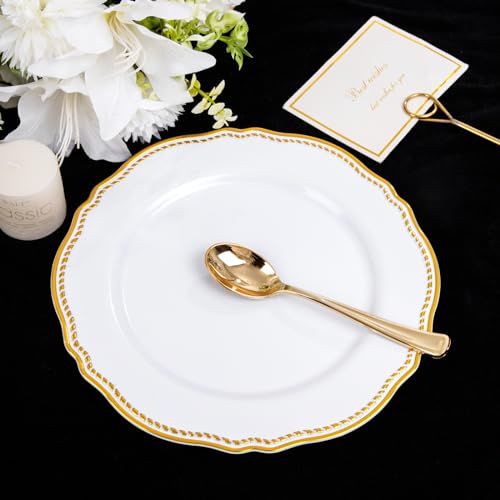 Hioasis 60pcs Gold Plastic Plates - White and Gold Disposable Dinnerware with Gold Rim, Heavy-duty, 10.25 inch, Dinner Plates for Party & Wedding - Image 2