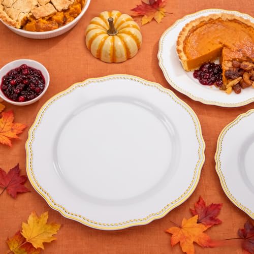Hioasis 60pcs Gold Plastic Plates - White and Gold Disposable Dinnerware with Gold Rim, Heavy-duty, 10.25 inch, Dinner Plates for Party & Wedding - Image 3