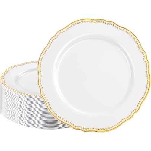 Hioasis 60pcs Gold Plastic Plates - White and Gold Disposable Dinnerware with Gold Rim, Heavy-duty, 10.25 inch, Dinner Plates for Party & Wedding - Image 1