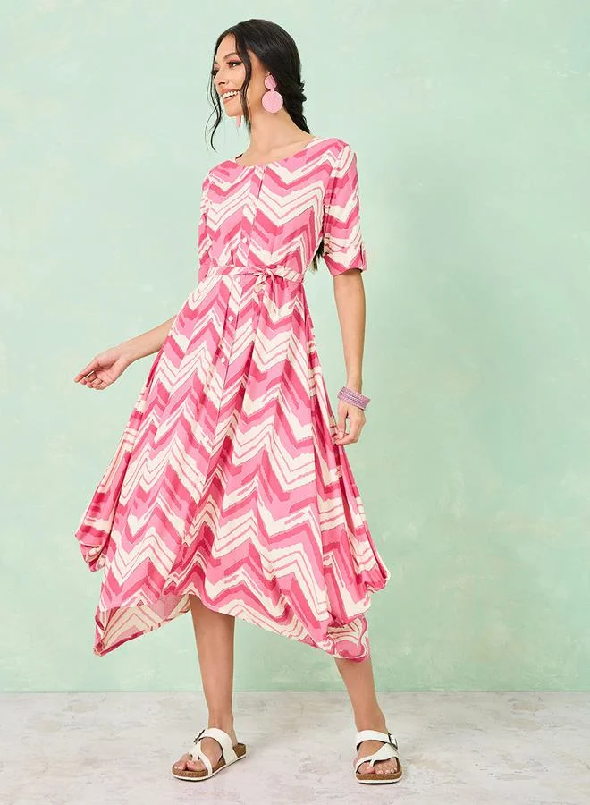 Styli Chevron Print Asymmetric Hem Midi Dress
