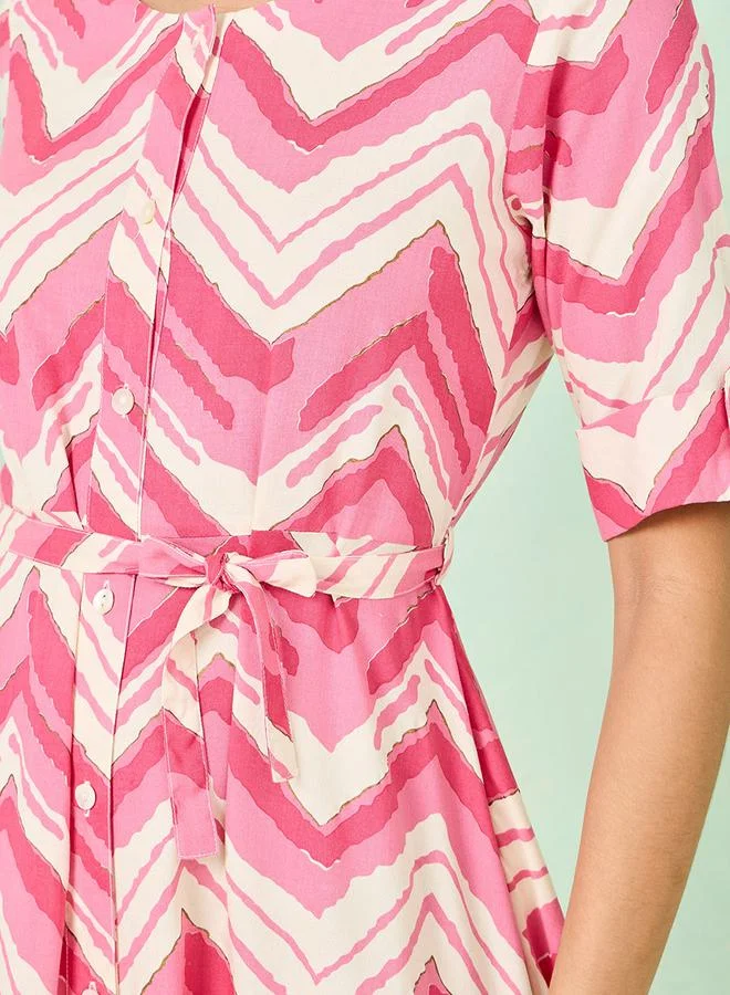 Styli Chevron Print Asymmetric Hem Midi Dress
