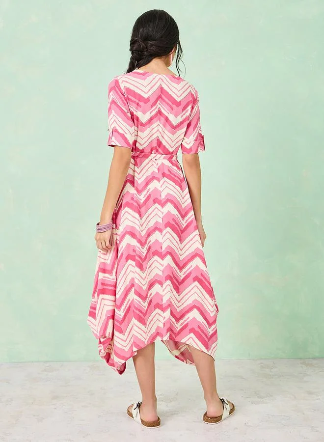 Styli Chevron Print Asymmetric Hem Midi Dress