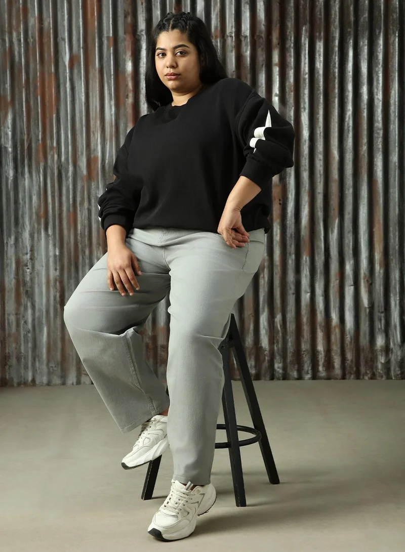 HIGH STAR Women's Black 100% Acrylic Solid Sweatshirt