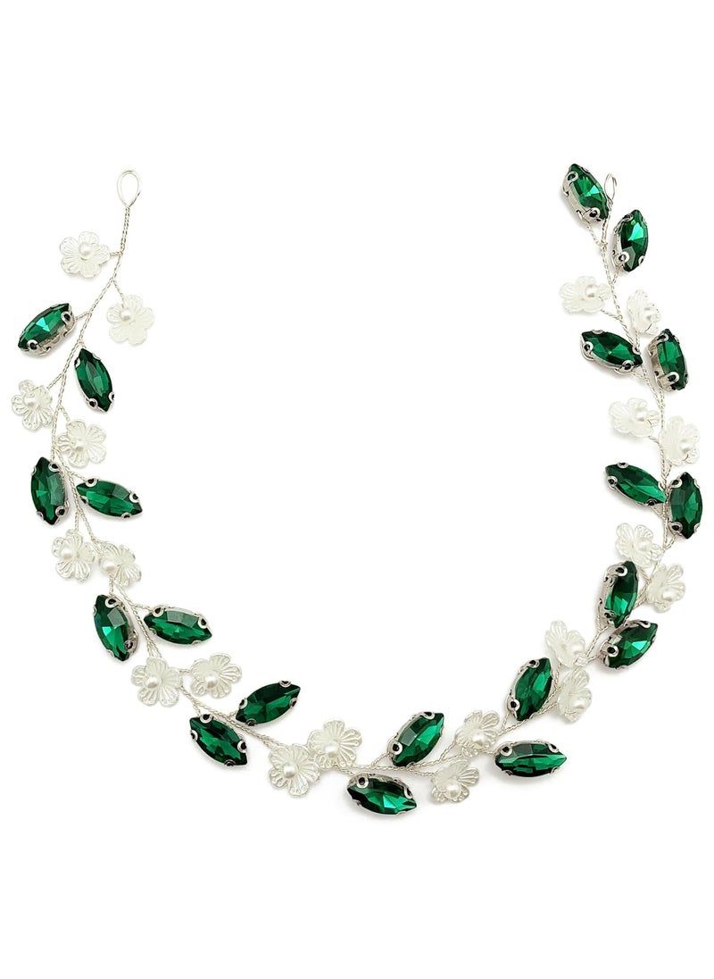 BETITETO BETITETO Bridal Crystal Flower Headband Wedding Rhinestone Pearl Floral Hair Vine Headpiece Accessories for Women Girls Green Crystal Silver Vine 
