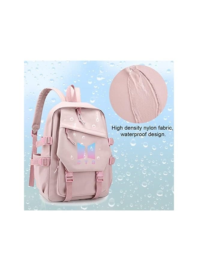 BTS Laptop Backpacks 14 Inch School Bag College Backpack Anti Theft Travel Daypack Large Bookbags Student Canvas School Bag Casual Shoulder Bag for Teens Girls Women Students (Pink)  - Image 4