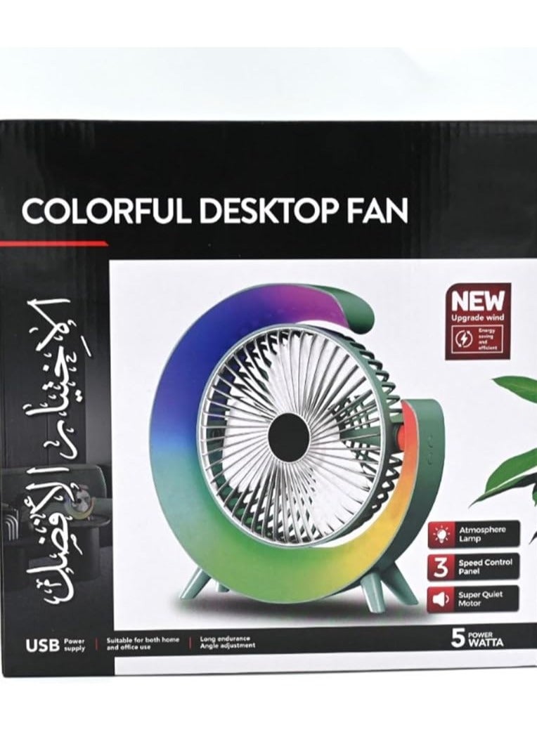 ال سي مروحة مكتب محمولة صامتة مزودة بمنفذ USB قابلة لإعادة الشحن مزودة بـ 3 سرعات و5 سرعات وأضواء RGB - Image 5