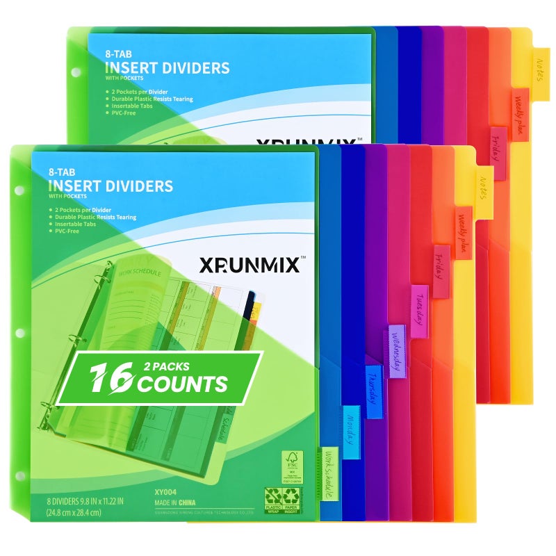 XRUNMIX 8-Tab Binder Dividers - Index Pockets Divider for 3 Ring Binders, 3-Hole Plastics Sheets Protectors for US Letter Size in 0.5'', 1'', 2'', 3 inch Binders, 8 Colors (XY004) (2 Packs) - Image 1
