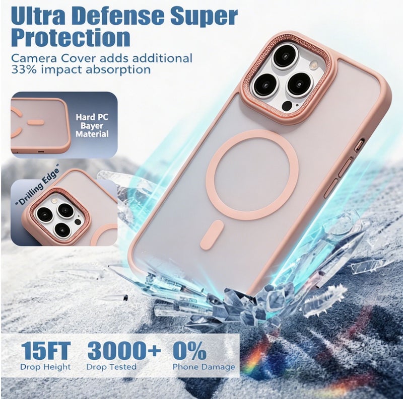 for iPhone 15 Pro Max Case Compatible with MagSafe,Magnetic Phone Case for iPhone 15 Pro Max,Diamond Texture Matte Anti-Fingerprint Shockproof Luxury INS Style Protective Cover Baby Pink - Image 3