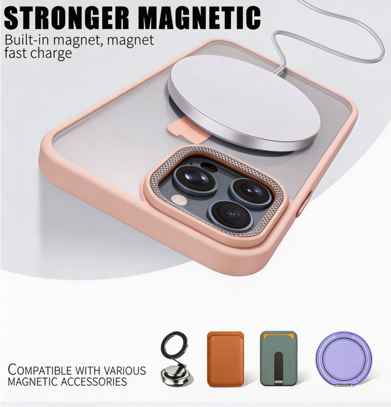 for iPhone 15 Pro Max Case Compatible with MagSafe,Magnetic Phone Case for iPhone 15 Pro Max,Diamond Texture Matte Anti-Fingerprint Shockproof Luxury INS Style Protective Cover Baby Pink - Image 2