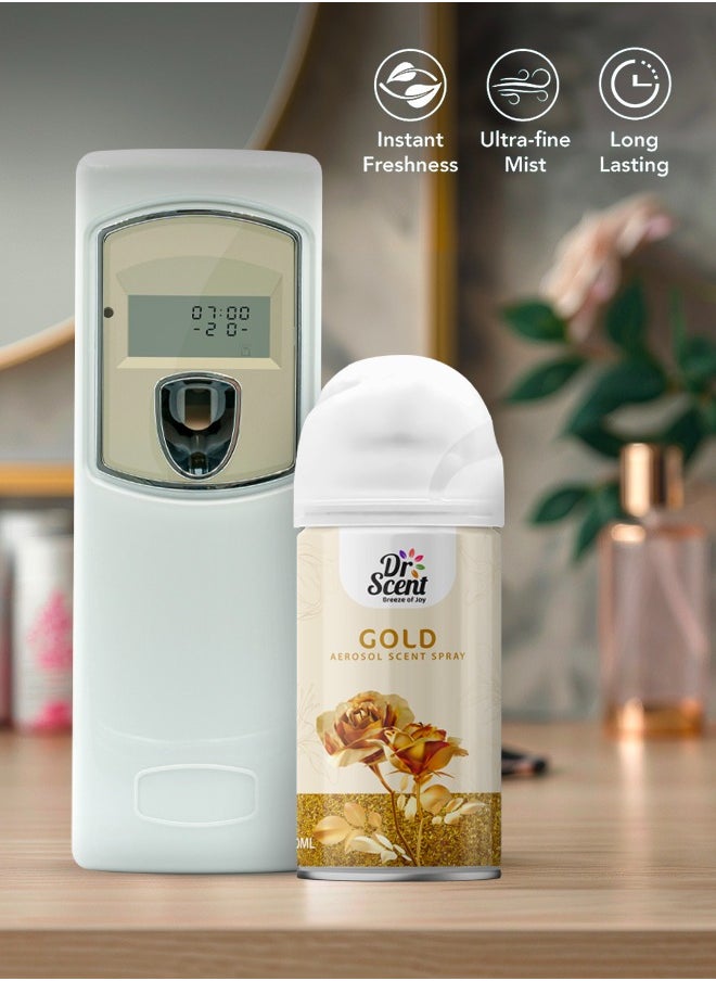 Dr Scent - Dr Scent Breeze of Joy, Combo | Automatic Air Freshener Spray Dispenser LCD with 300 ml Aerosol Spray Refill | Long-Lasting Fragrance for Home & Office. (Gold) - Image 1