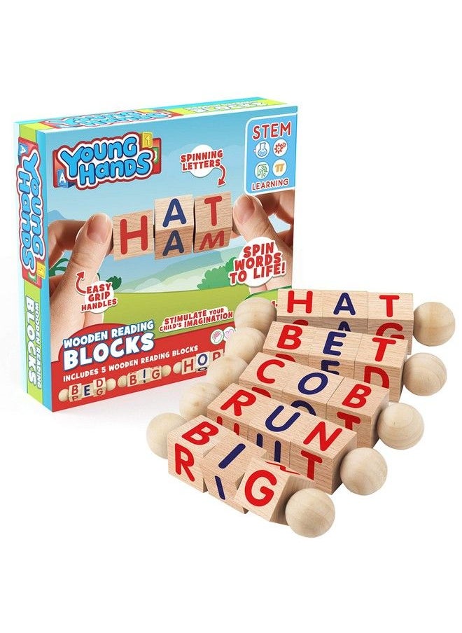 Creative Kids - Wooden Reading Blocks Set Of 5 Spinning Alphabet Blocks W/ Easy Grip Handles Kindergarten Preschool Learning Activities Letter Work Wooden Montessori Toys Gifts For Kids Toddlers - Image 1