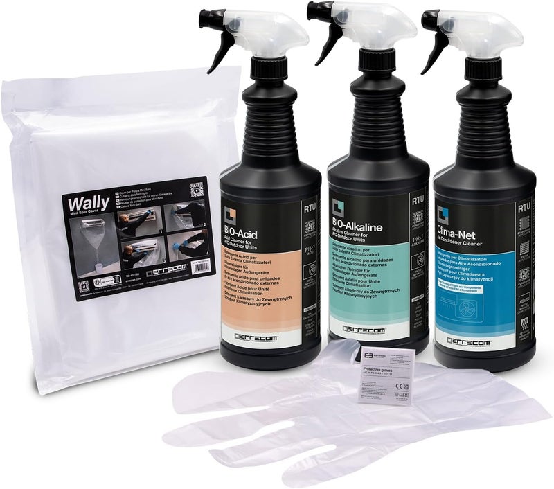 Cleaning Kit for Air Conditioners, includes Clima-Net (1L), Air Conditioning Cleaning Cover Bag Wally, BIO-Acid and BIO-Alkaline 2 L Biodegradable Condenser Cleaners, Gloves