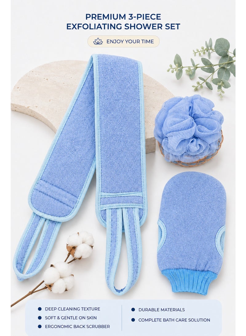 3Pcs Bath Set, Exfoliating Gloves, Long Back Scrub Towel and Bath Sponge, Body Cleansing and Scrubbing Kit for Shower, Complete Bath Accessories for Men and Women（Blue） - Image 1