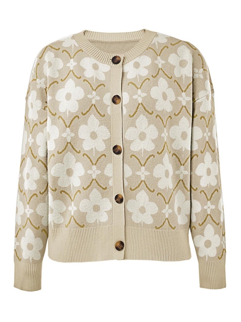 Saodimallsu Womens Floral Cardigan Sweaters Classic Beige Flower Pattern Long Sleeve Open Front Button Up Sweater 2026 - Image 5