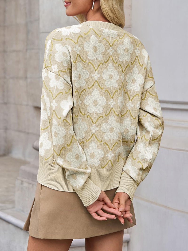 Saodimallsu Womens Floral Cardigan Sweaters Classic Beige Flower Pattern Long Sleeve Open Front Button Up Sweater 2026 - Image 4