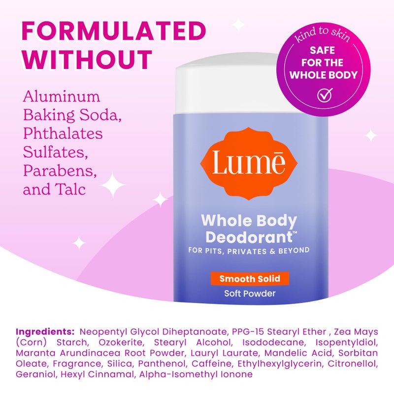 Lume Whole Body Deodorant - Smooth Solid Stick - 72 Hour Odor Control - Aluminum Free, Baking Soda Free and Skin Safe - 2.6 Ounce (Pack of 2) (Soft Powder) - Image 2