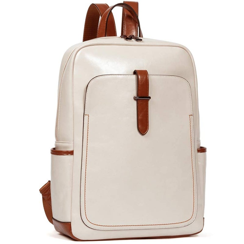 BROMEN BROMEN Leather Laptop Backpack for Women 15.6 inch Computer Business Travel Professional Work Daypack College Bag Beige  - Image 1