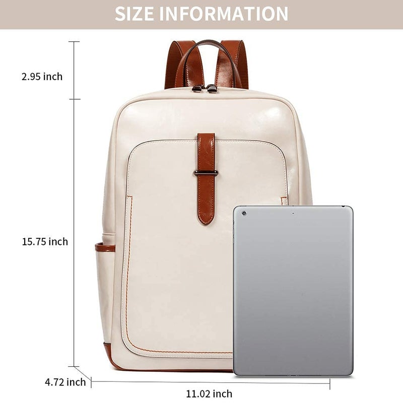 BROMEN BROMEN Leather Laptop Backpack for Women 15.6 inch Computer Business Travel Professional Work Daypack College Bag Beige  - Image 3
