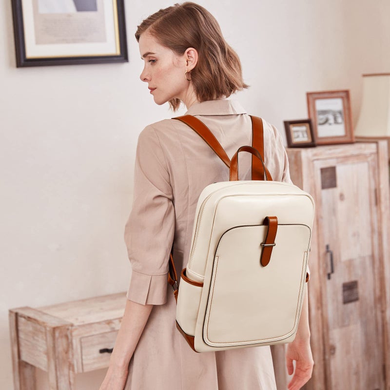 BROMEN BROMEN Leather Laptop Backpack for Women 15.6 inch Computer Business Travel Professional Work Daypack College Bag Beige  - Image 2
