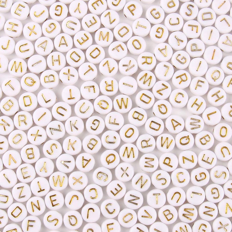 Acrylic Letter Beads Alphabet Gold Letters White Round Bead 47mm 1200pcs for Friendship Bracelet Jewelry Making Kit