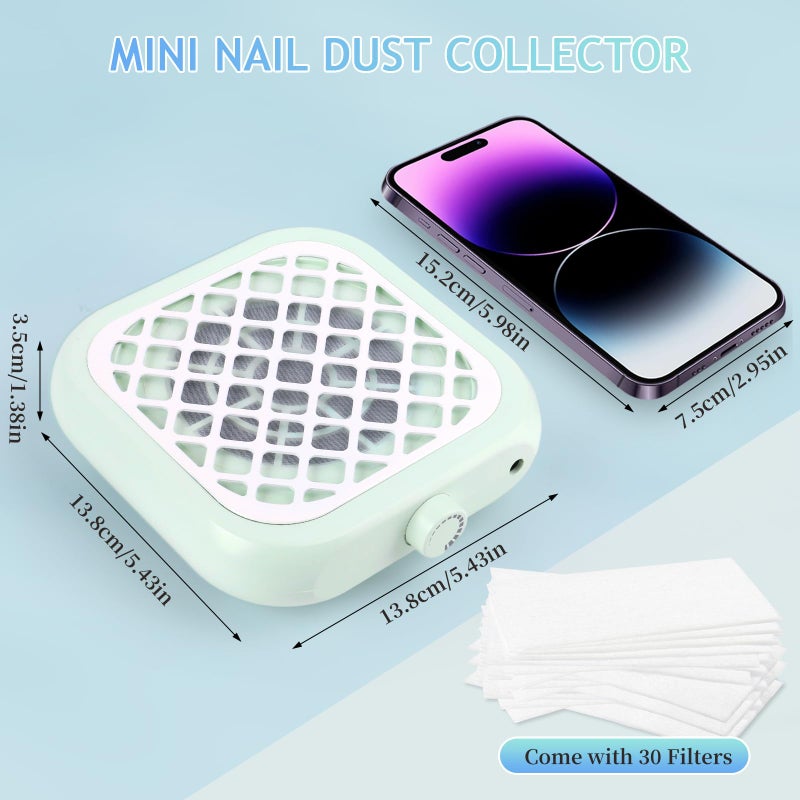 BOMOQING Mini Nail Dust Collector, Compact Nail Vacuum Fan Dust Collector for Beginner with 30PCS Filter Pads, Powerful Dust Suction Machine for Acrylic Nail Polishing Salon Home, Plug-in (Green) - Image 2