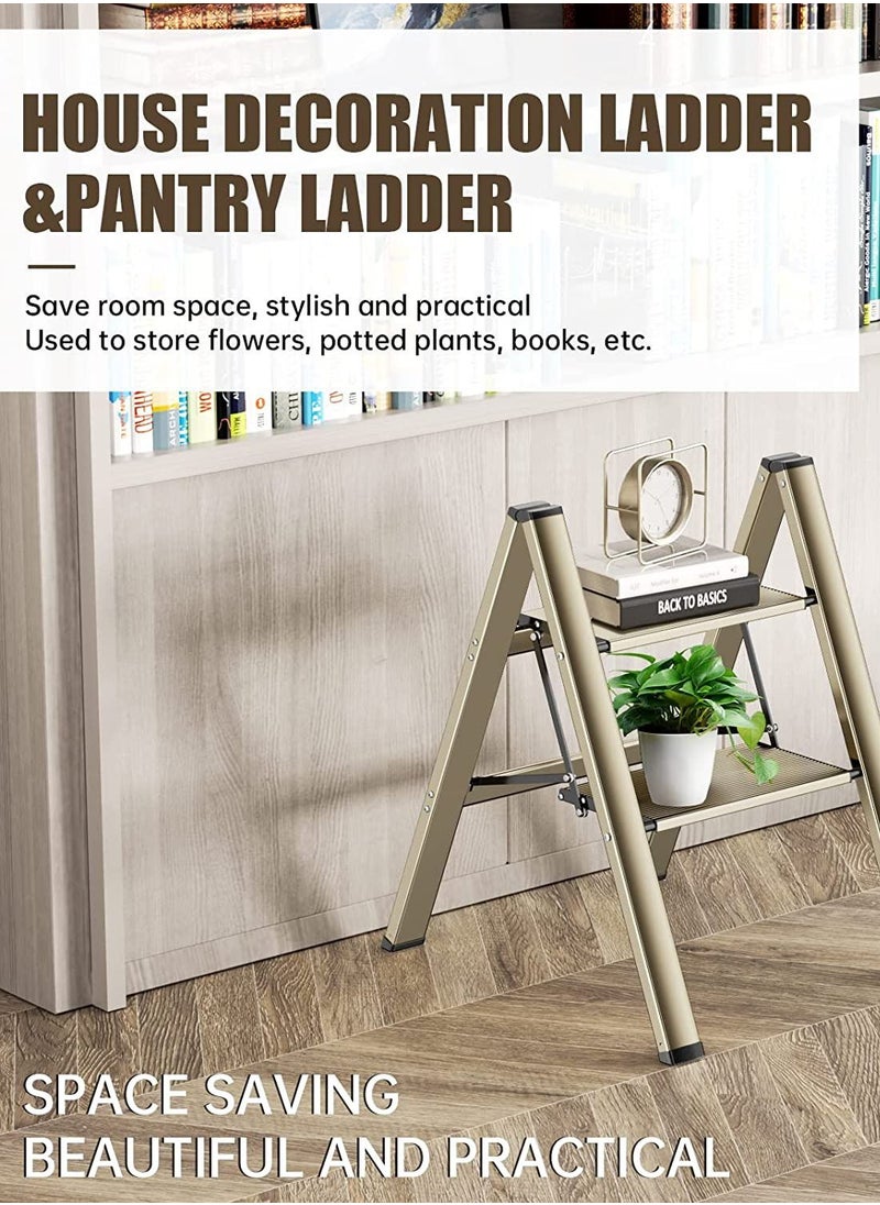SUNRISE - 2 Steps Ladder Aluminum Folding Step Stool With Anti Slip Sturdy And Wide Pedal Light weight Portable Multi Use Stepladder For Home And Kitchen Use Space Saving - Image 1