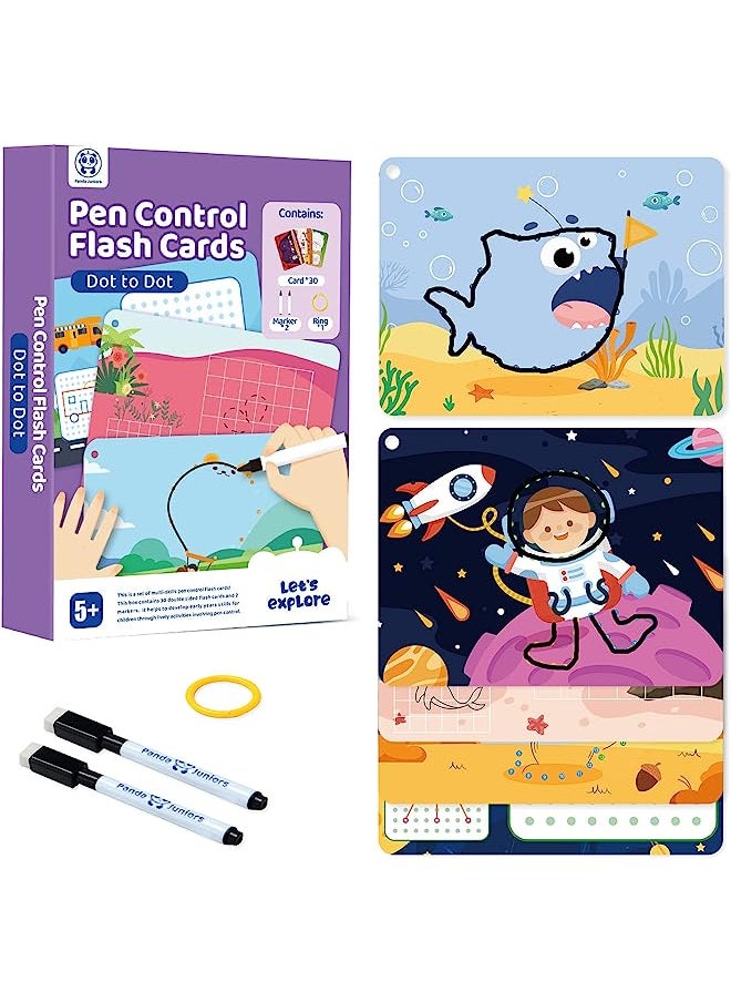 erorex - Juniors Pen Control Dry Erase Dot to Dot Flash Cards for Boys & Girls Connect The Dots Write and Wipe Tracing Practice Draw Card for Kids (30 Picture Flashcards with Ring and 2 Markers) - Image 1