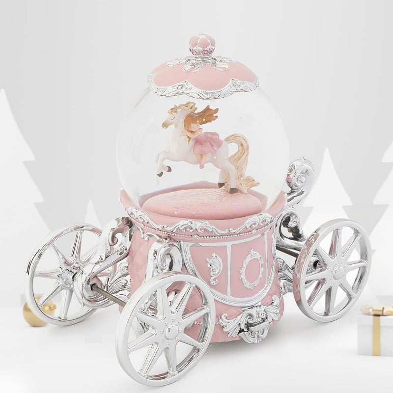 MXwcy Unicorn Princess Carriage Snow Globe Music Box Christmas Snow Globes, 7" Rotate Light up Unicorn Snow Globe for Kids & Adults, Classic Wind up Musical Snow Globe Birthday Gifts for Women Girls - Image 2
