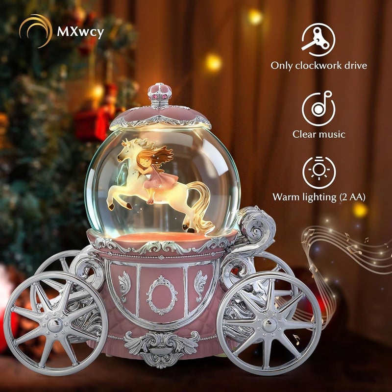 MXwcy Unicorn Princess Carriage Snow Globe Music Box Christmas Snow Globes, 7" Rotate Light up Unicorn Snow Globe for Kids & Adults, Classic Wind up Musical Snow Globe Birthday Gifts for Women Girls - Image 4