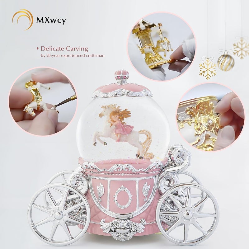 MXwcy Unicorn Princess Carriage Snow Globe Music Box Christmas Snow Globes, 7" Rotate Light up Unicorn Snow Globe for Kids & Adults, Classic Wind up Musical Snow Globe Birthday Gifts for Women Girls - Image 5