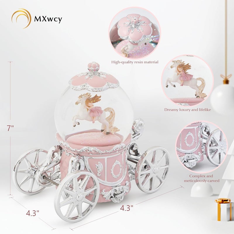 MXwcy Unicorn Princess Carriage Snow Globe Music Box Christmas Snow Globes, 7" Rotate Light up Unicorn Snow Globe for Kids & Adults, Classic Wind up Musical Snow Globe Birthday Gifts for Women Girls - Image 3