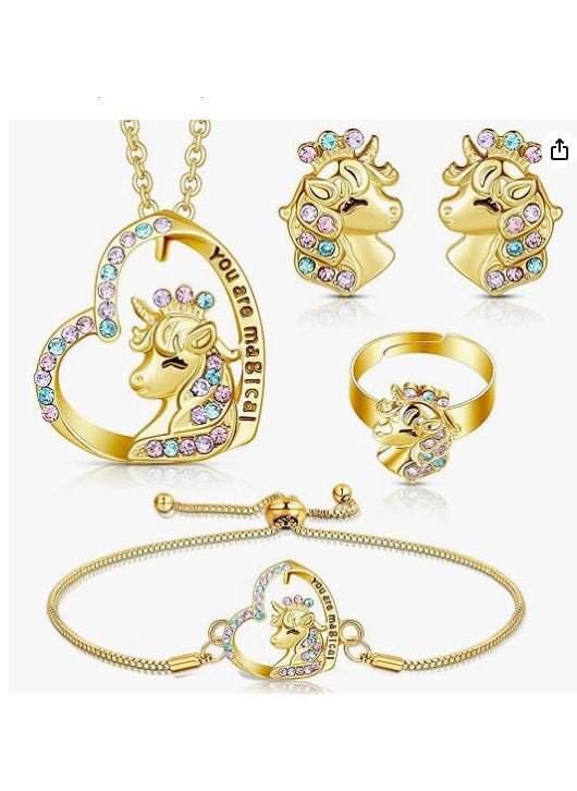 Generic - Unicorn Necklace Colorful Gem PendantWomen's Crown Unicorn Gold (suit) Women's Crown Unicorn Gold (suit) - Image 1