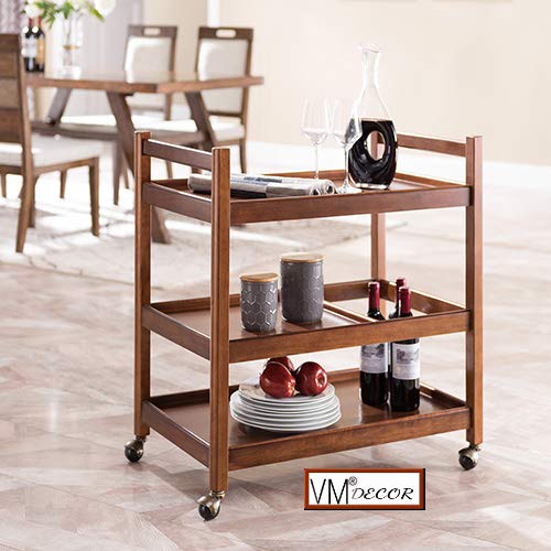 VM DECOR Wooden Wine cart Serving bar Trolley with Wheel Black Finish (23×14×29 inches, Natural Teak) - Image 1