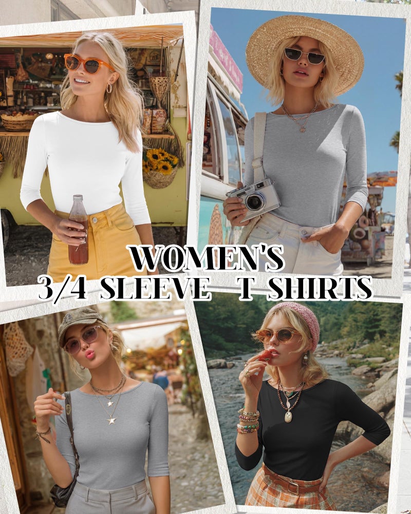 Ficerd 3 Pack Women's 3/4 Sleeve Boat Neck T Shirts Slim Fit Tight Basics Top Casual Comfy Tops(Black, White, Light Gray,Medium) - Image 2