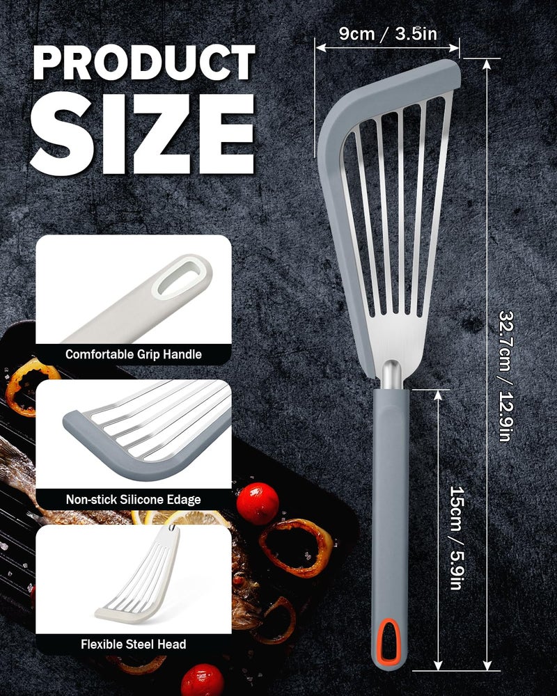 DaiRen Kitchen Fish Spatula Turner, Thin Slotted Spatulas for Nonstick Cookware,Silicone Edge Heat Resistant Kitchen Flipper for Fish, Egg, Pancake(Stainless Steel, 2Pack) - Image 3