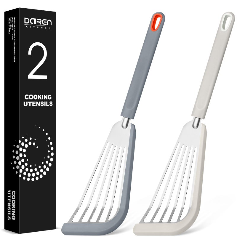 DaiRen Kitchen Fish Spatula Turner, Thin Slotted Spatulas for Nonstick Cookware,Silicone Edge Heat Resistant Kitchen Flipper for Fish, Egg, Pancake(Stainless Steel, 2Pack) - Image 1