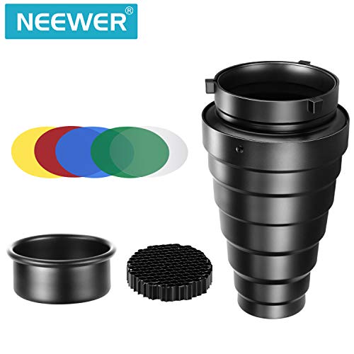 Neewer Neewer Medium Aluminium Alloy Conical Snoot Kit with Honeycomb Grid and 5 Pieces Color Gel Filters for Bowens Mount - Image 1