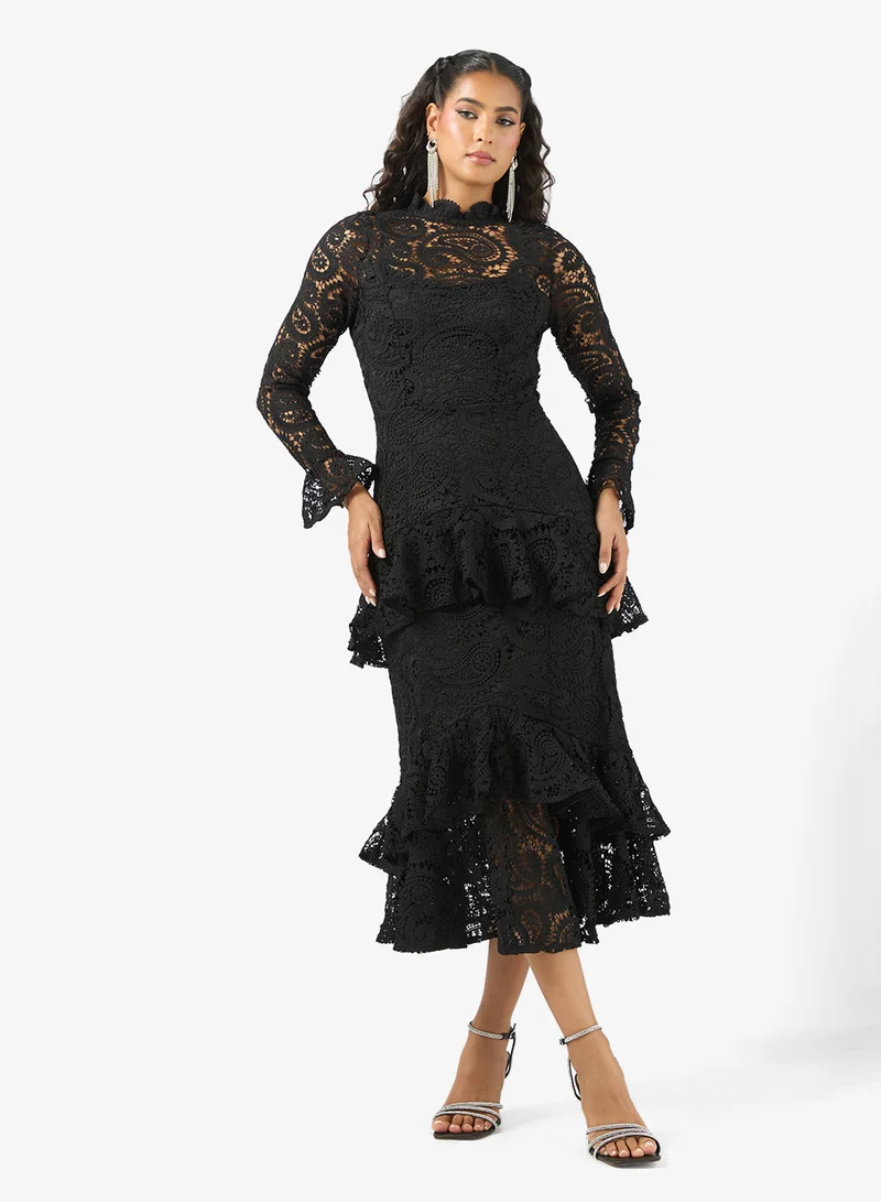 Ruffle Lace Detail Bell Sleeve Midi Dress