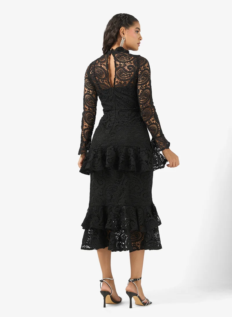 Maya Ruffle Lace Detail Bell Sleeve Midi Dress