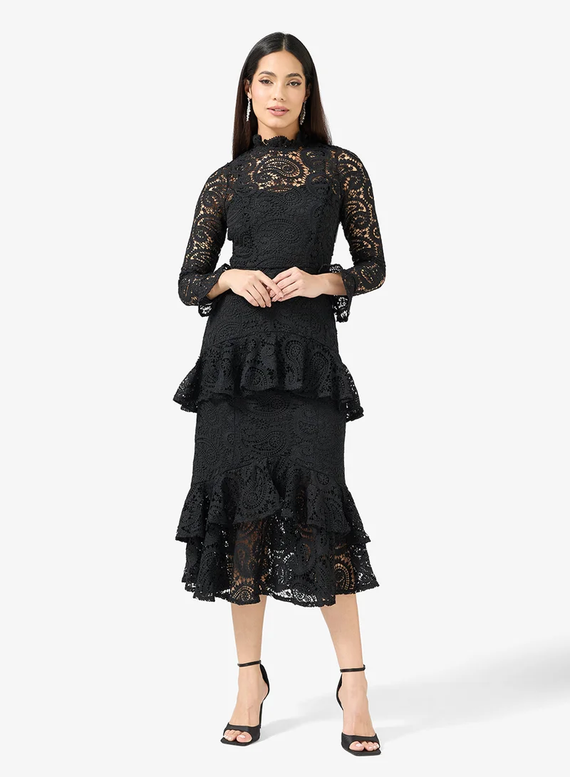 Maya Ruffle Lace Detail Bell Sleeve Midi Dress