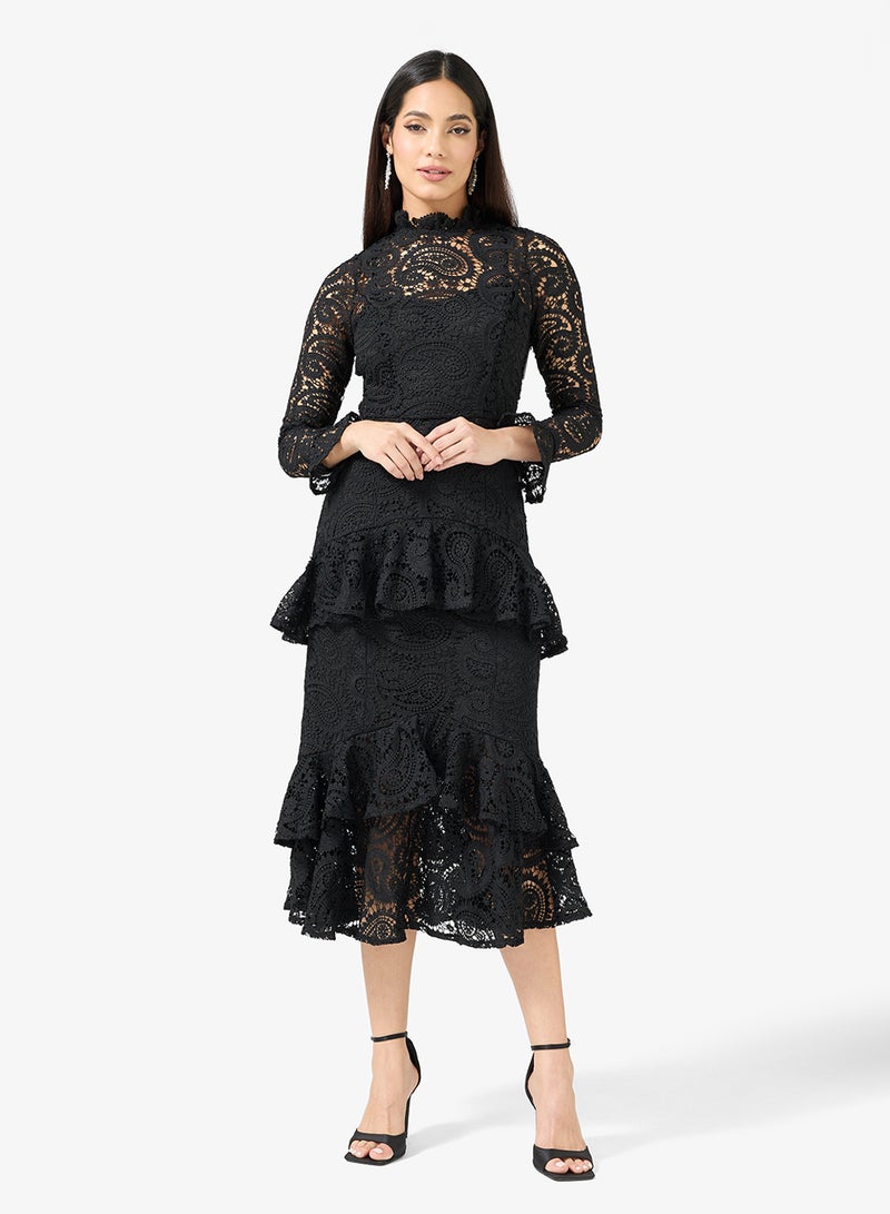 Maya Ruffle Lace Detail Bell Sleeve Midi Dress - Image 1